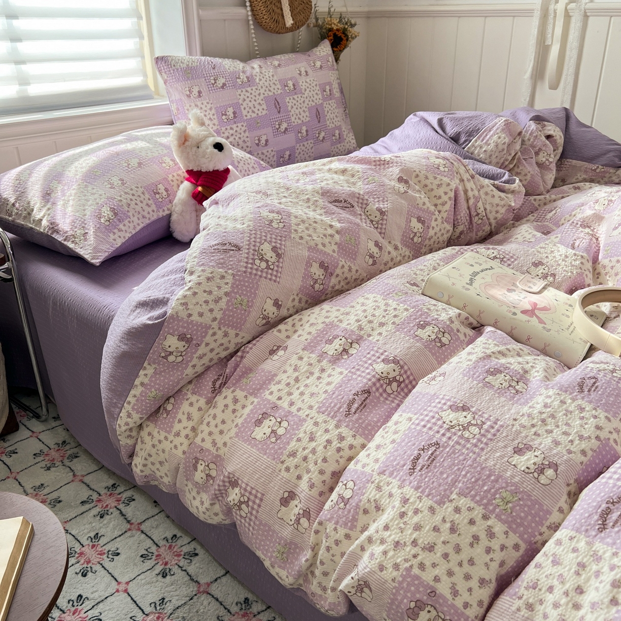 91家纺网 家纺一手货源 找家纺 水木坊 2026春夏新款高品质泡芙普通款四件套 软紫格猫