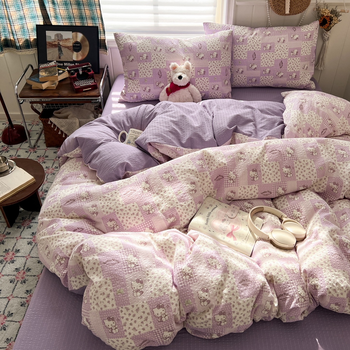 91家纺网 家纺一手货源 找家纺 水木坊 2026春夏新款高品质泡芙普通款四件套 软紫格猫