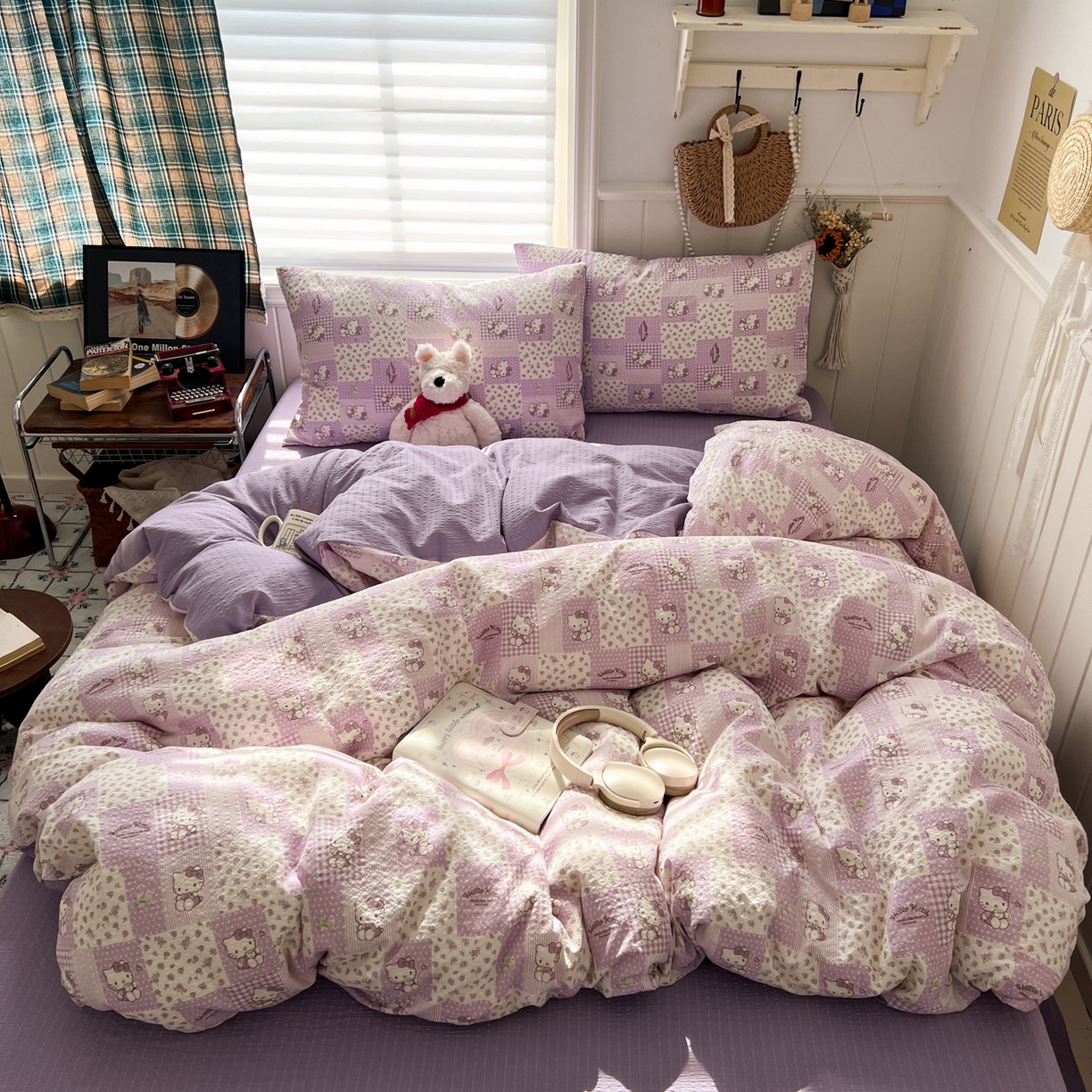 91家纺网 家纺一手货源 找家纺 水木坊 2026春夏新款高品质泡芙普通款四件套 软紫格猫