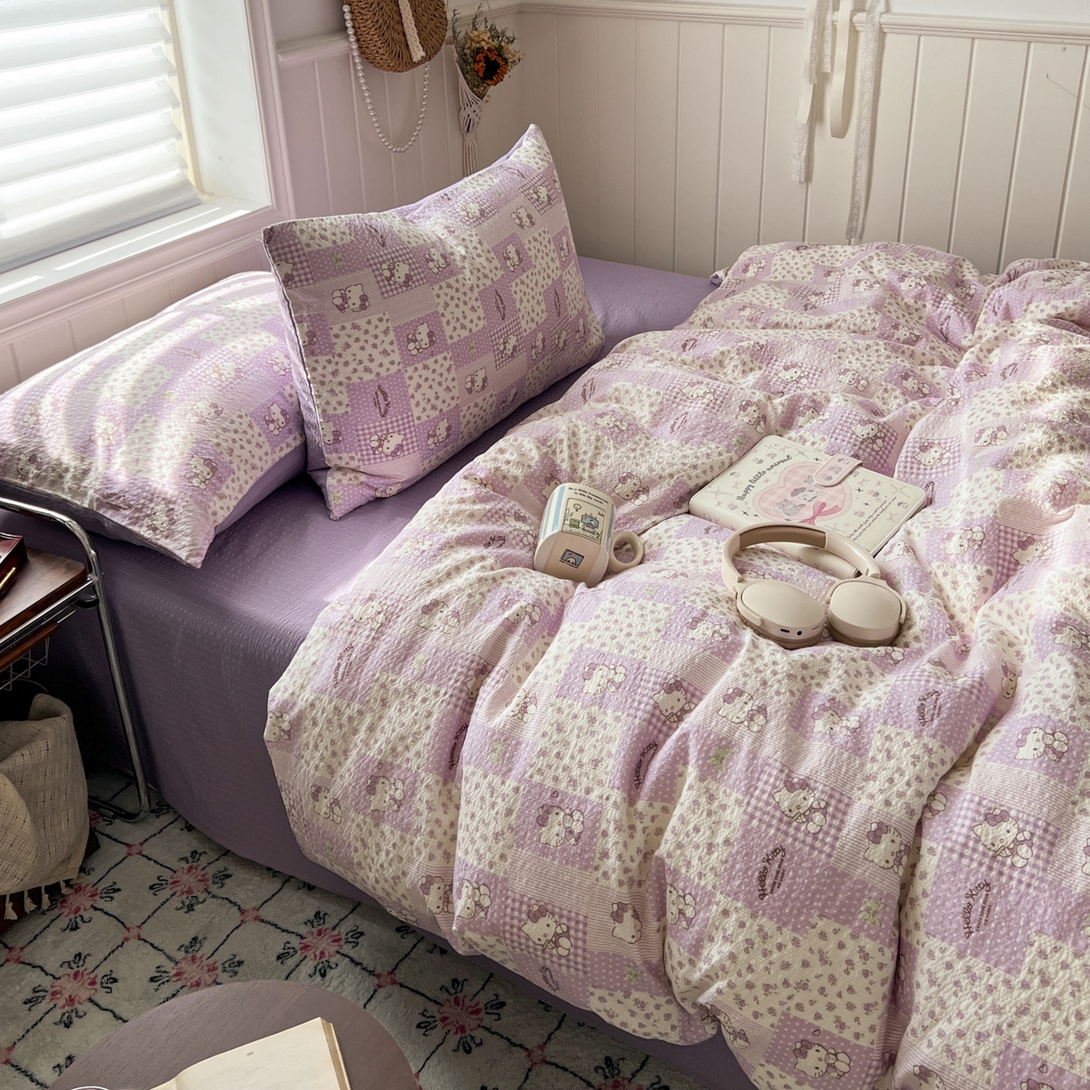 91家纺网 家纺一手货源 找家纺 水木坊 2026春夏新款高品质泡芙普通款四件套 软紫格猫