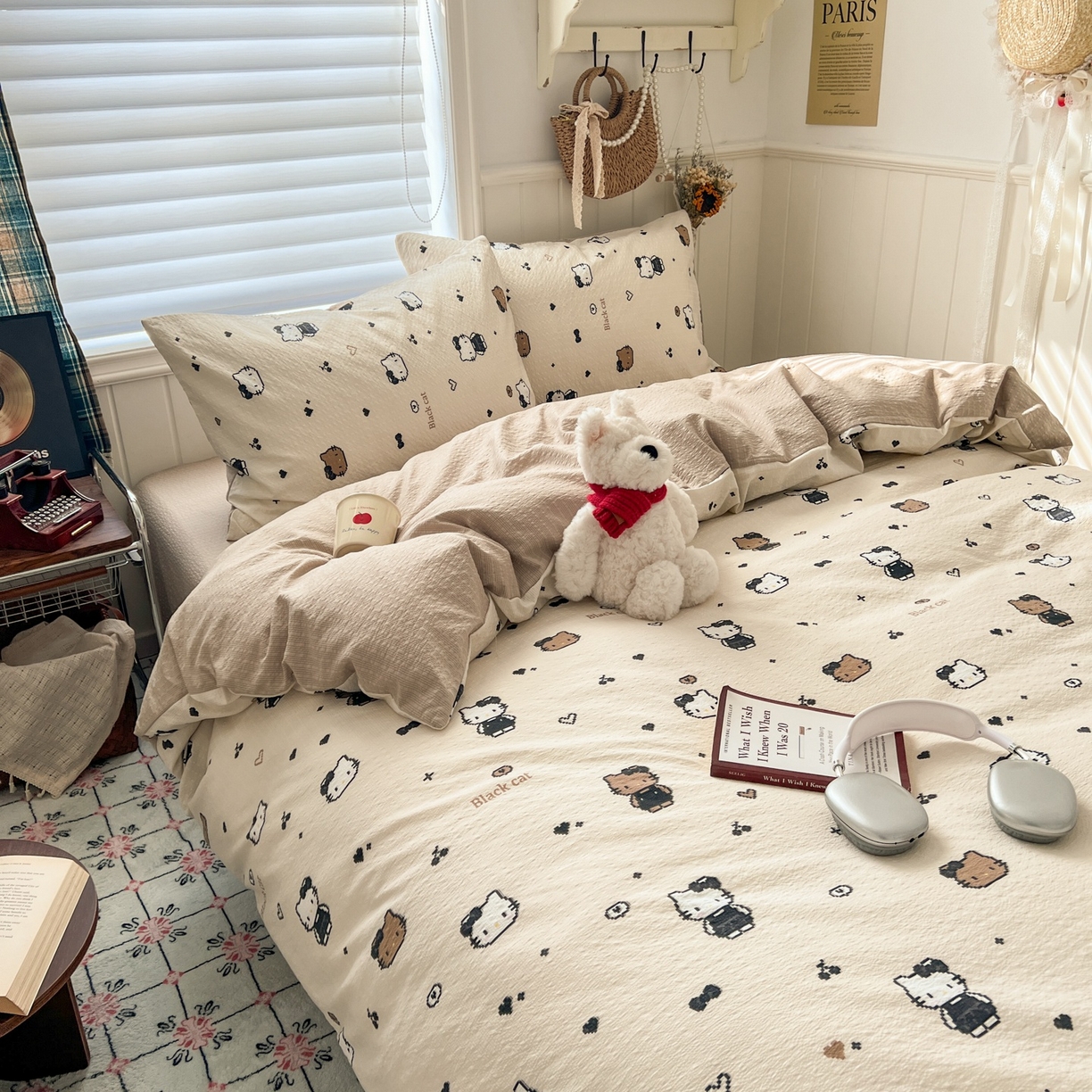 91家纺网 家纺一手货源 找家纺 水木坊 2026春夏新款高品质泡芙普通款四件套 奥利奥小猫