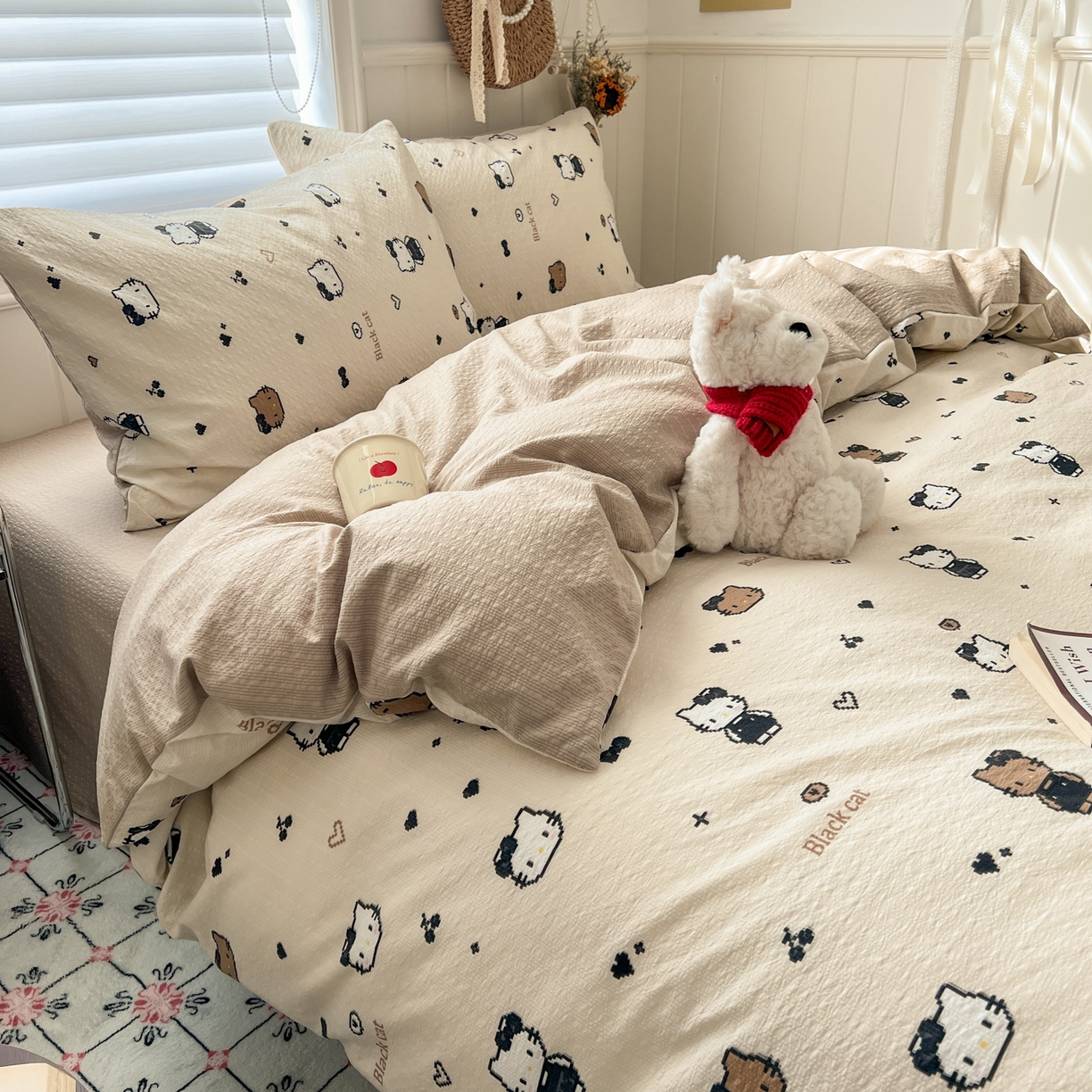 91家纺网 家纺一手货源 找家纺 水木坊 2026春夏新款高品质泡芙普通款四件套 奥利奥小猫