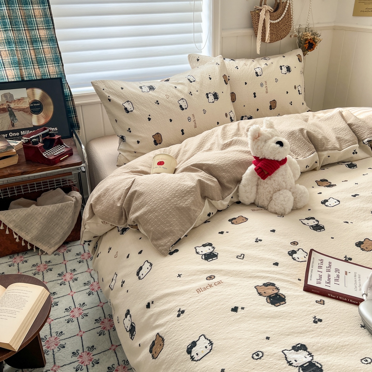 91家纺网 家纺一手货源 找家纺 水木坊 2026春夏新款高品质泡芙普通款四件套 奥利奥小猫