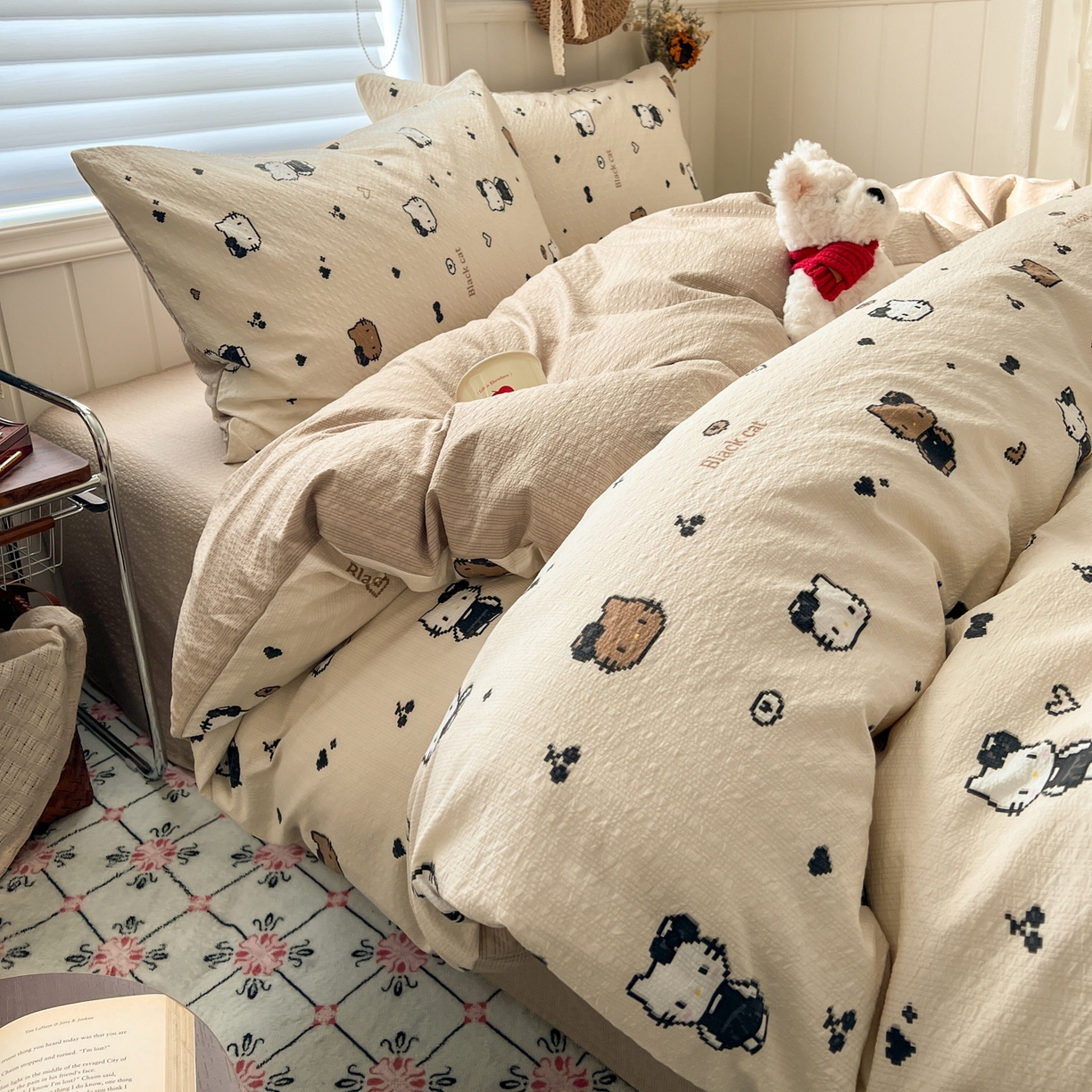 91家纺网 家纺一手货源 找家纺 水木坊 2026春夏新款高品质泡芙普通款四件套 奥利奥小猫