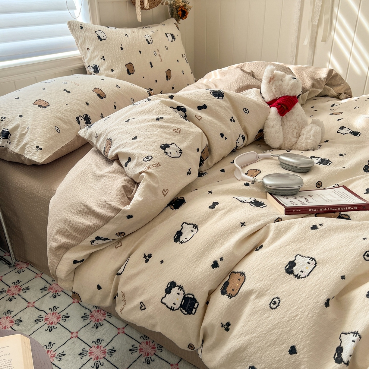 91家纺网 家纺一手货源 找家纺 水木坊 2026春夏新款高品质泡芙普通款四件套 奥利奥小猫