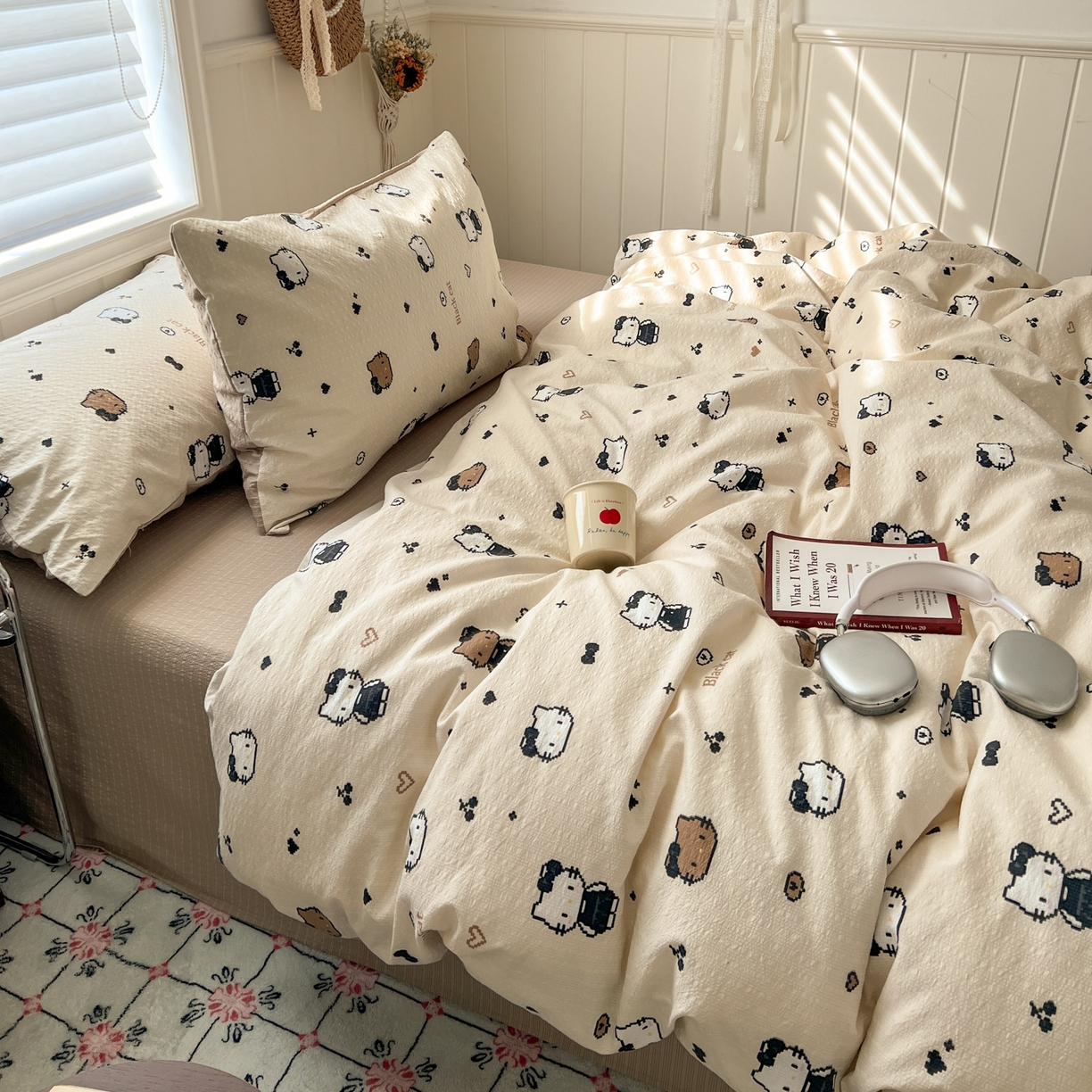 91家纺网 家纺一手货源 找家纺 水木坊 2026春夏新款高品质泡芙普通款四件套 奥利奥小猫