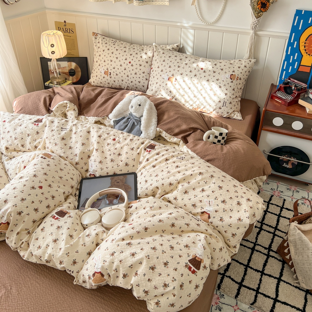 91家纺网 家纺一手货源 找家纺 水木坊 2026春夏新款高品质泡芙普通款四件套 田园兔