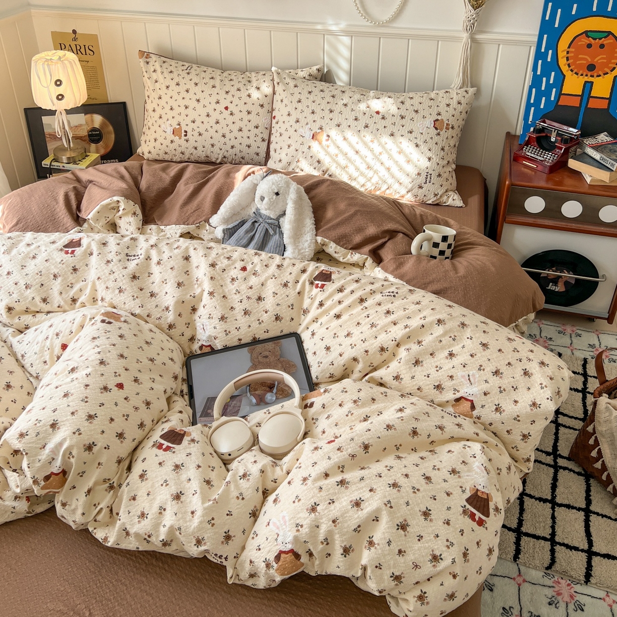 91家纺网 家纺一手货源 找家纺 水木坊 2026春夏新款高品质泡芙普通款四件套 田园兔