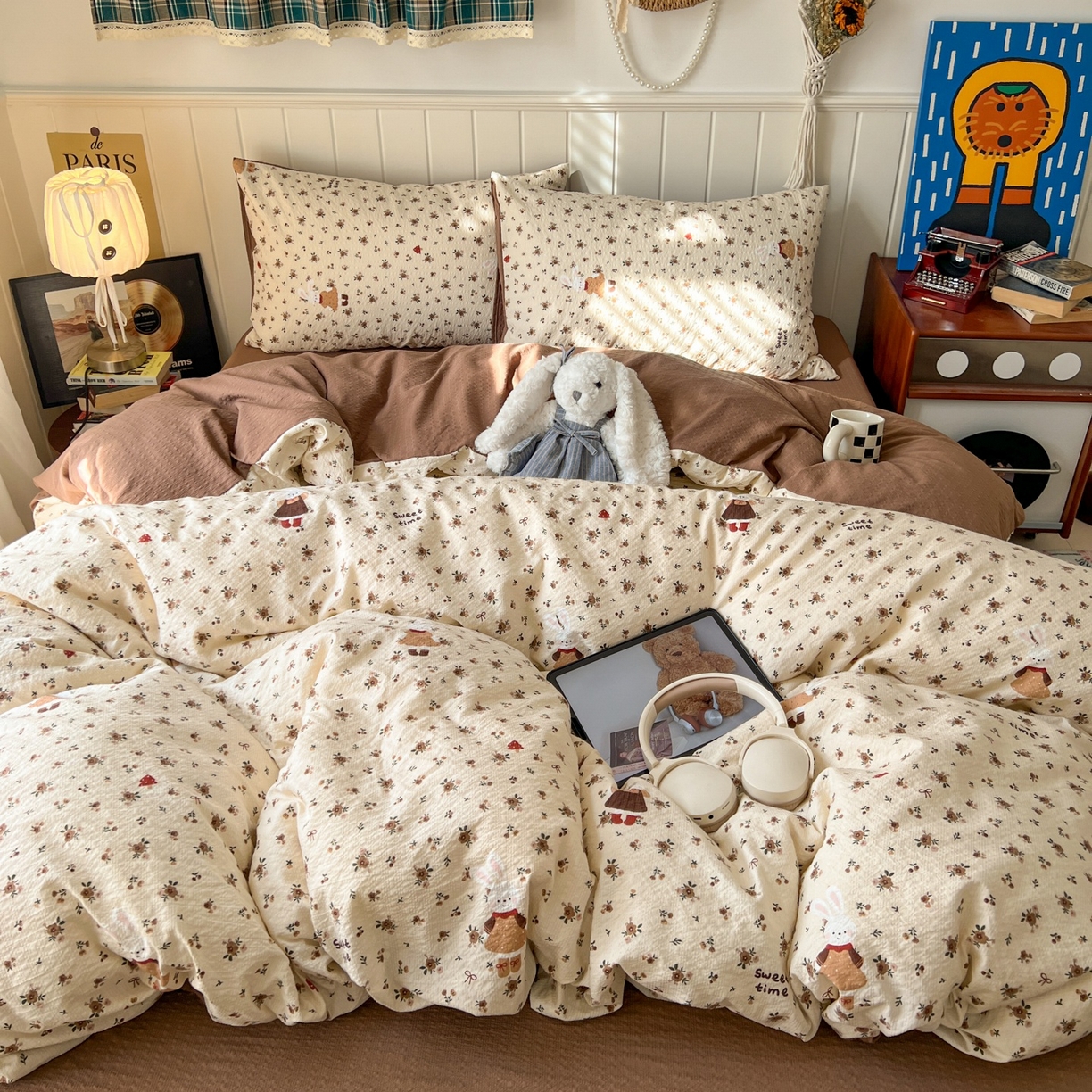 91家纺网 家纺一手货源 找家纺 水木坊 2026春夏新款高品质泡芙普通款四件套 田园兔