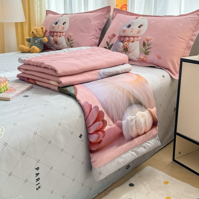 91家纺网 家纺一手货源 找家纺 （总）宝薇 2026春夏新款7D卡通仿棉磨毛水洗棉夏被夏凉被空调被四件套