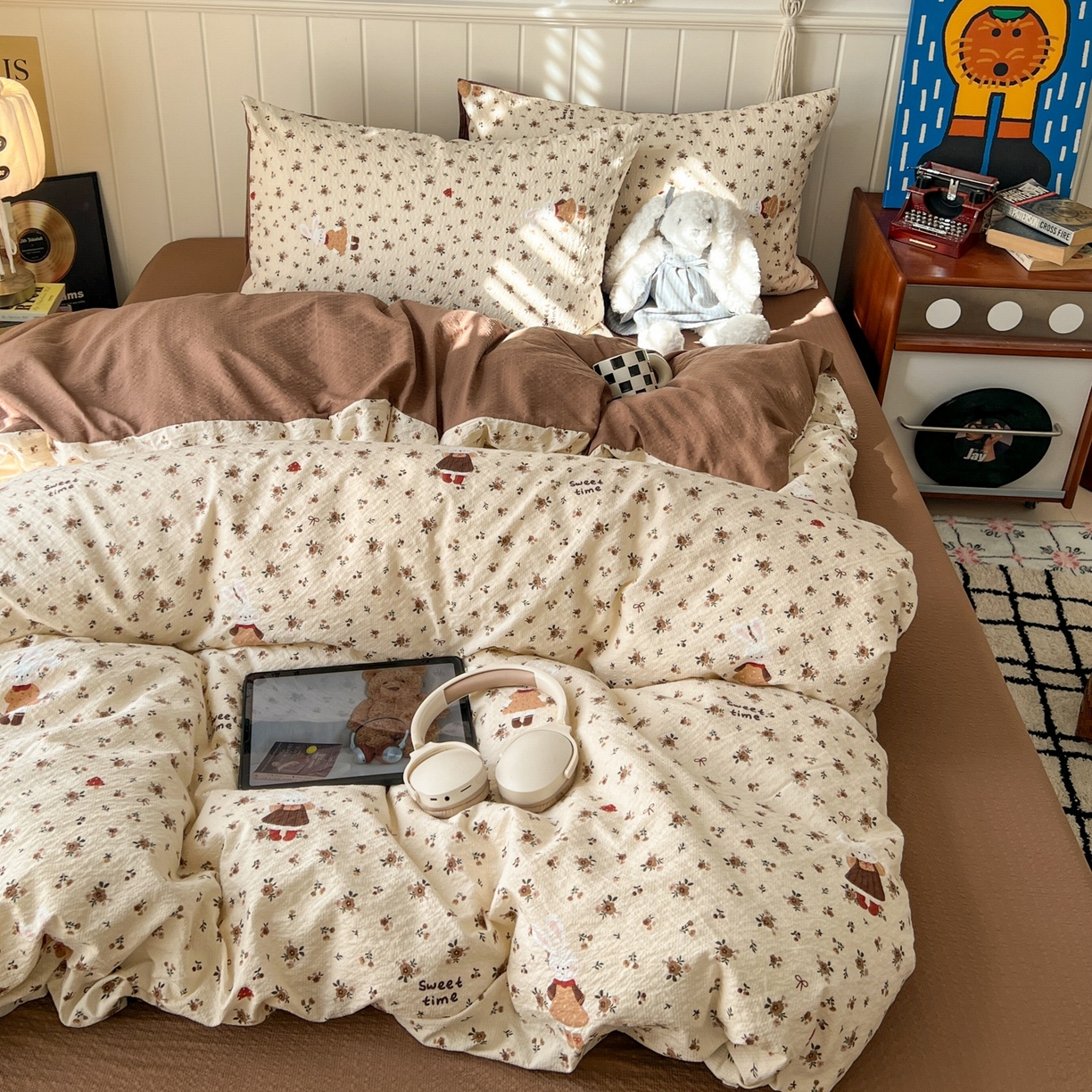 91家纺网 家纺一手货源 找家纺 水木坊 2026春夏新款高品质泡芙普通款四件套 田园兔