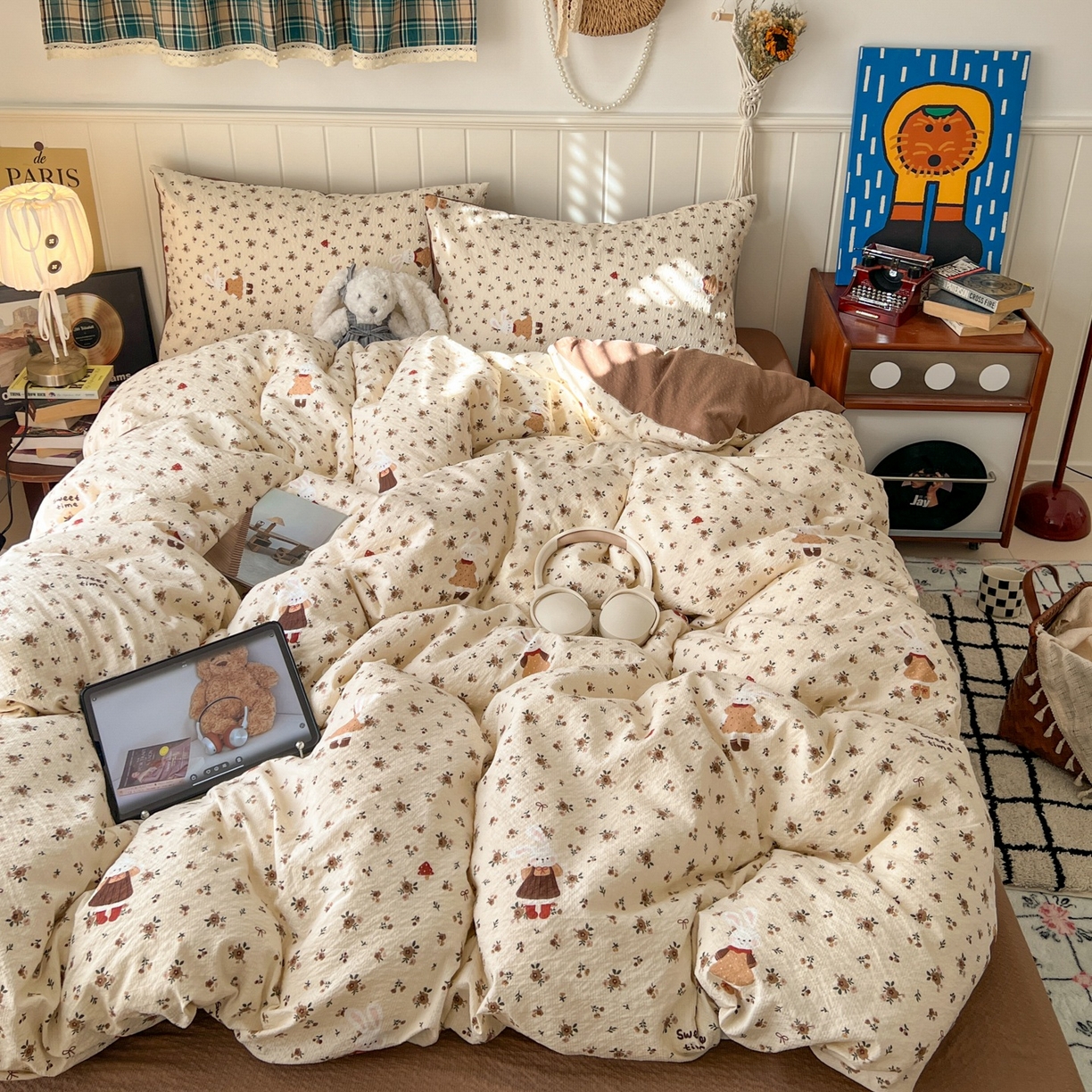 91家纺网 家纺一手货源 找家纺 水木坊 2026春夏新款高品质泡芙普通款四件套 田园兔