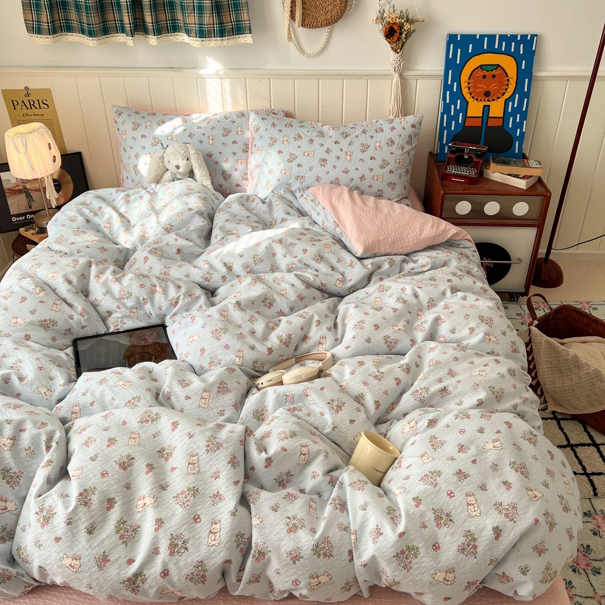 91家纺网 家纺一手货源 找家纺 水木坊 2026春夏新款高品质泡芙普通款四件套 萌兔岛屿