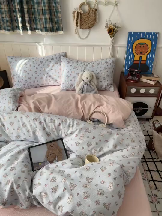 91家纺网 家纺一手货源 找家纺 水木坊 2026春夏新款高品质泡芙普通款四件套 萌兔岛屿