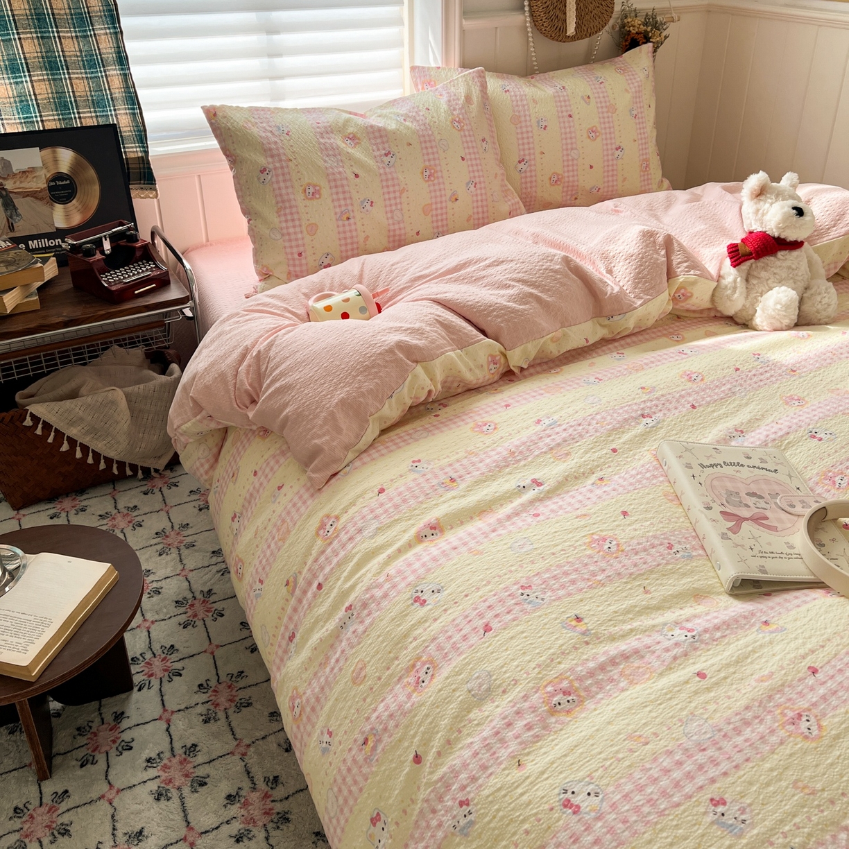 91家纺网 家纺一手货源 找家纺 水木坊 2026春夏新款高品质泡芙普通款四件套 黄粉萌团