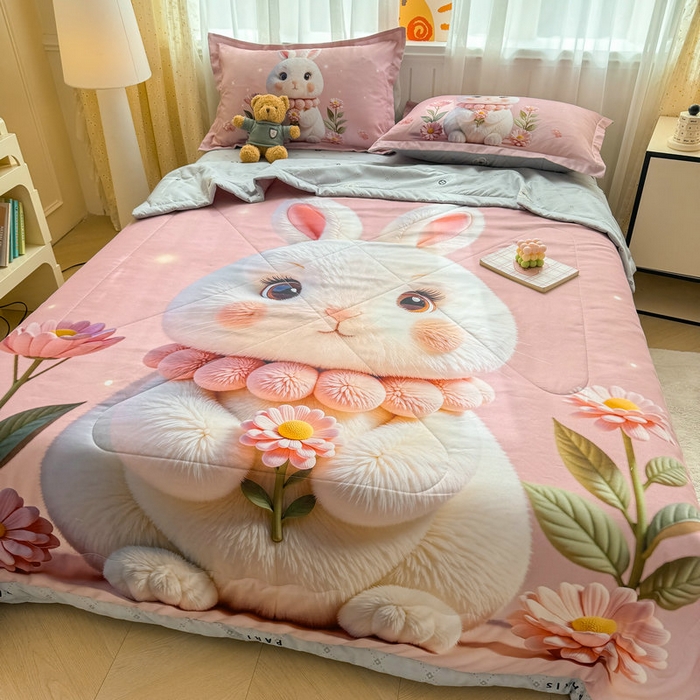 91家纺网 家纺一手货源 找家纺 宝薇 2026春夏新款7D卡通仿棉磨毛水洗棉夏被夏凉被空调被四件套 大白兔