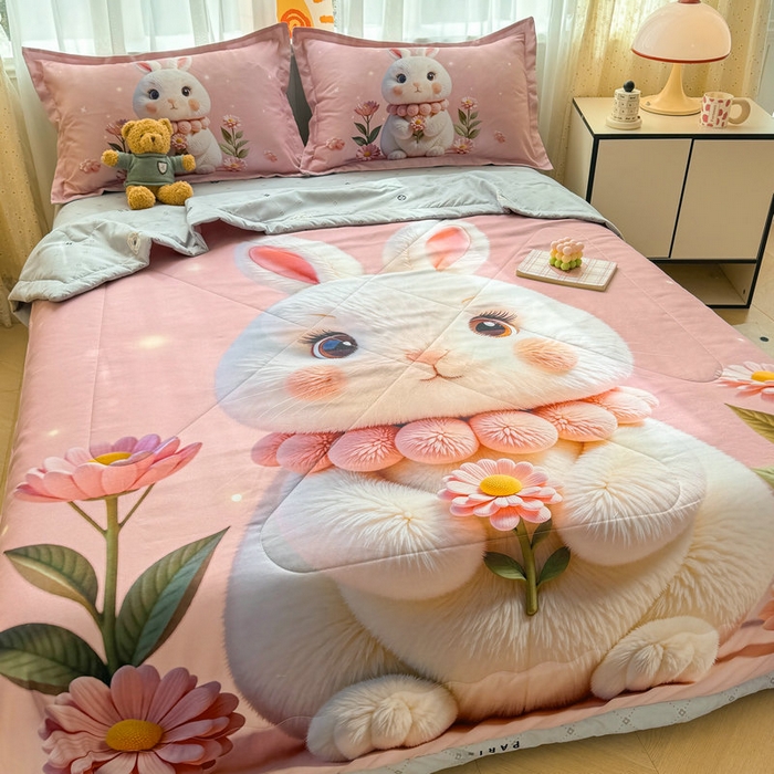 91家纺网 家纺一手货源 找家纺 宝薇 2026春夏新款7D卡通仿棉磨毛水洗棉夏被夏凉被空调被四件套 大白兔