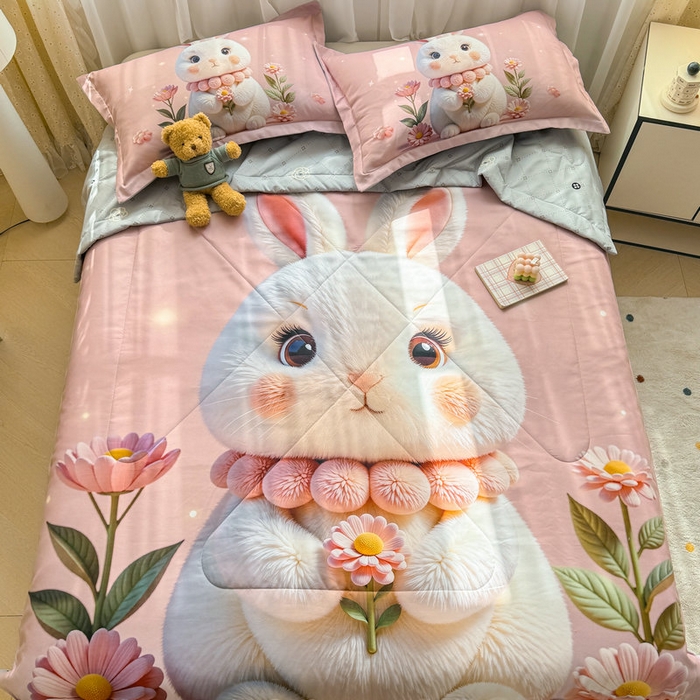 91家纺网 家纺一手货源 找家纺 宝薇 2026春夏新款7D卡通仿棉磨毛水洗棉夏被夏凉被空调被四件套 大白兔