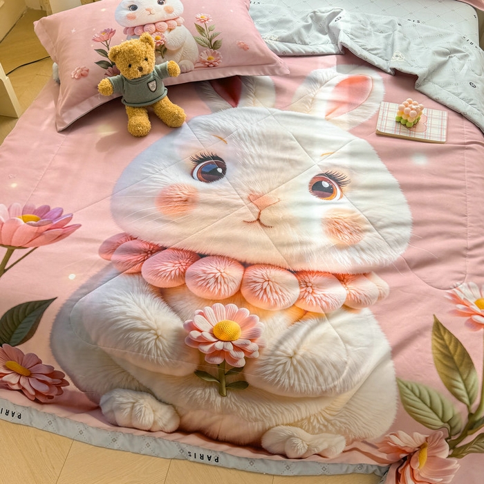 91家纺网 家纺一手货源 找家纺 宝薇 2026春夏新款7D卡通仿棉磨毛水洗棉夏被夏凉被空调被四件套 大白兔