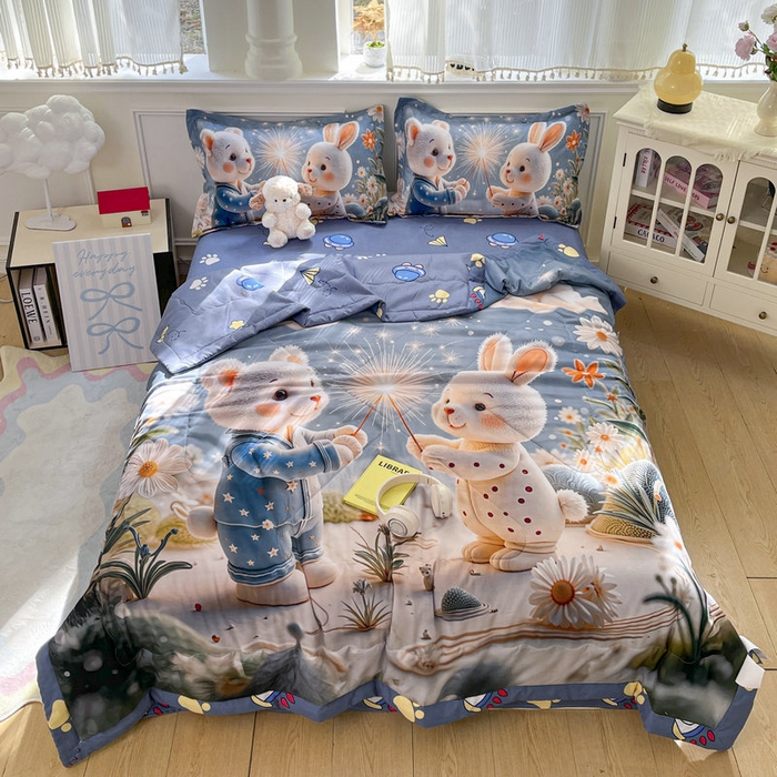 91家纺网 家纺一手货源 找家纺 宝薇 2026春夏新款7D卡通仿棉磨毛水洗棉夏被夏凉被空调被四件套 繁星