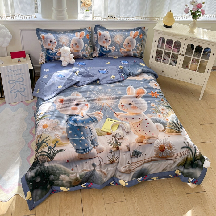 91家纺网 家纺一手货源 找家纺 宝薇 2026春夏新款7D卡通仿棉磨毛水洗棉夏被夏凉被空调被四件套 繁星