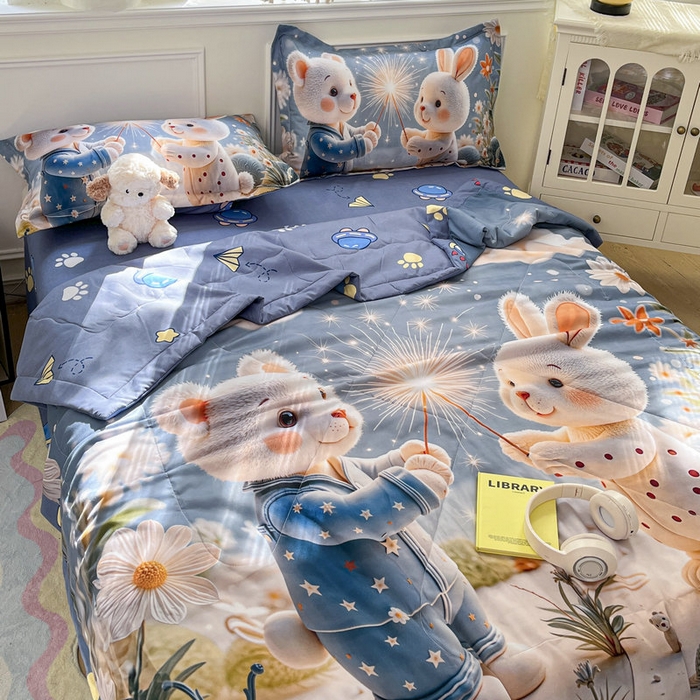 91家纺网 家纺一手货源 找家纺 宝薇 2026春夏新款7D卡通仿棉磨毛水洗棉夏被夏凉被空调被四件套 繁星