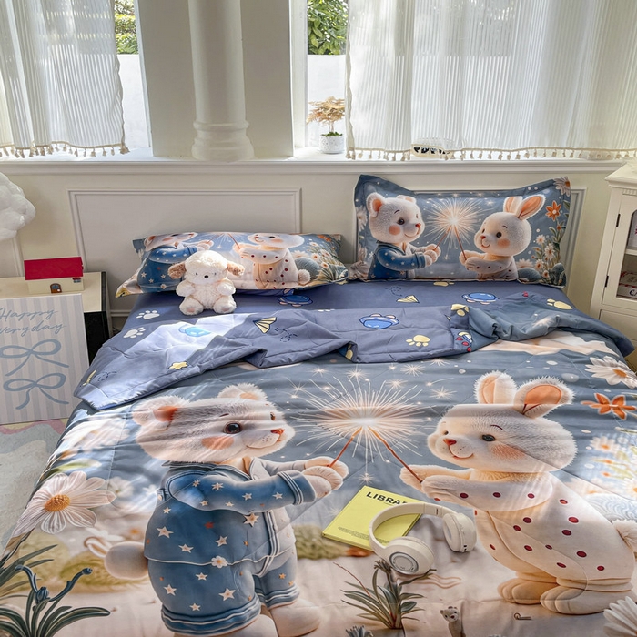 91家纺网 家纺一手货源 找家纺 宝薇 2026春夏新款7D卡通仿棉磨毛水洗棉夏被夏凉被空调被四件套 繁星