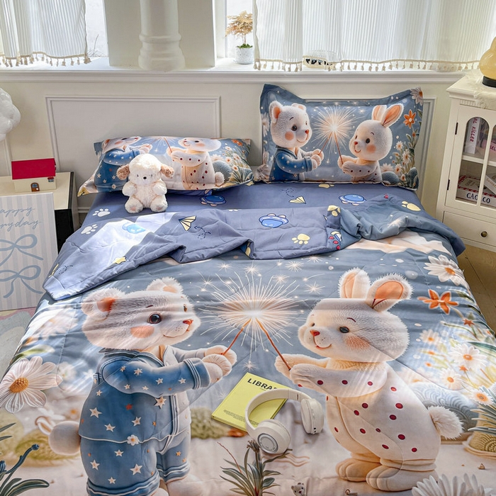 91家纺网 家纺一手货源 找家纺 宝薇 2026春夏新款7D卡通仿棉磨毛水洗棉夏被夏凉被空调被四件套 繁星