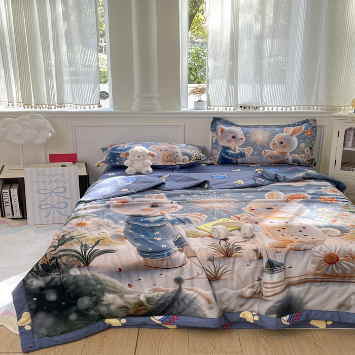 91家纺网 家纺一手货源 找家纺 宝薇 2026春夏新款7D卡通仿棉磨毛水洗棉夏被夏凉被空调被四件套 繁星