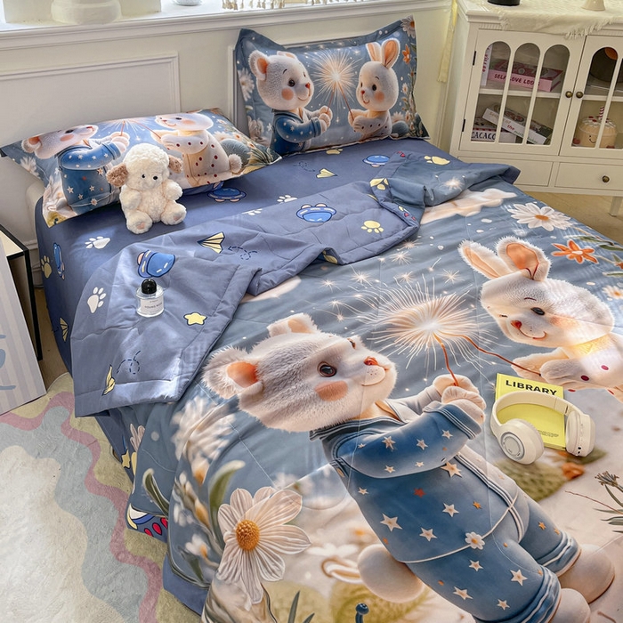 91家纺网 家纺一手货源 找家纺 宝薇 2026春夏新款7D卡通仿棉磨毛水洗棉夏被夏凉被空调被四件套 繁星