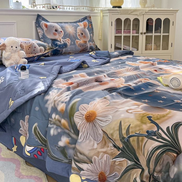 91家纺网 家纺一手货源 找家纺 宝薇 2026春夏新款7D卡通仿棉磨毛水洗棉夏被夏凉被空调被四件套 繁星