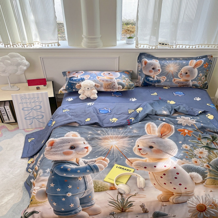 91家纺网 家纺一手货源 找家纺 宝薇 2026春夏新款7D卡通仿棉磨毛水洗棉夏被夏凉被空调被四件套 繁星