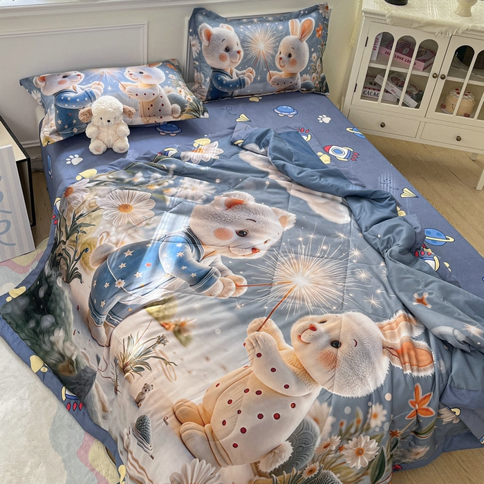 91家纺网 家纺一手货源 找家纺 宝薇 2026春夏新款7D卡通仿棉磨毛水洗棉夏被夏凉被空调被四件套 繁星