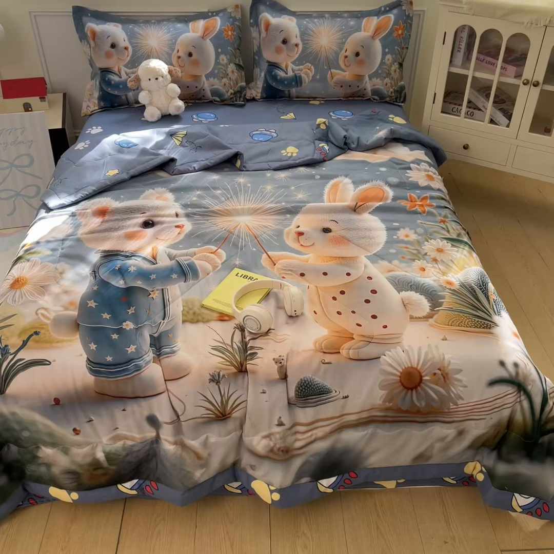 91家纺网 家纺一手货源 找家纺 宝薇 2026春夏新款7D卡通仿棉磨毛水洗棉夏被夏凉被空调被四件套 繁星