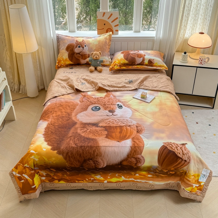 91家纺网 家纺一手货源 找家纺 宝薇 2026春夏新款7D卡通仿棉磨毛水洗棉夏被夏凉被空调被四件套 好运松鼠