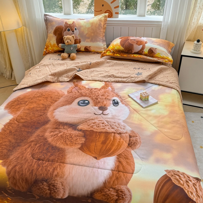 91家纺网 家纺一手货源 找家纺 宝薇 2026春夏新款7D卡通仿棉磨毛水洗棉夏被夏凉被空调被四件套 好运松鼠