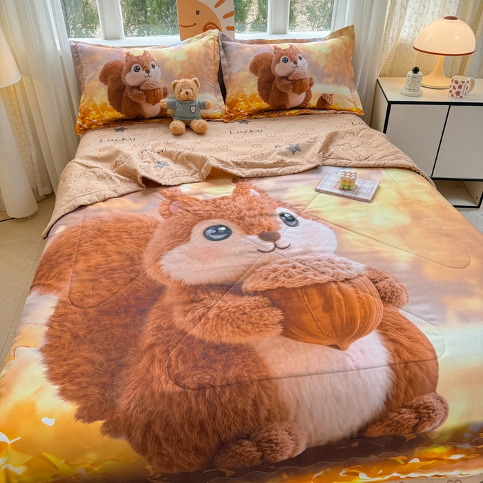 91家纺网 家纺一手货源 找家纺 宝薇 2026春夏新款7D卡通仿棉磨毛水洗棉夏被夏凉被空调被四件套 好运松鼠