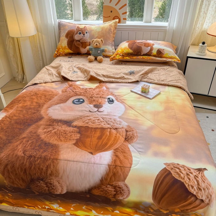 91家纺网 家纺一手货源 找家纺 宝薇 2026春夏新款7D卡通仿棉磨毛水洗棉夏被夏凉被空调被四件套 好运松鼠