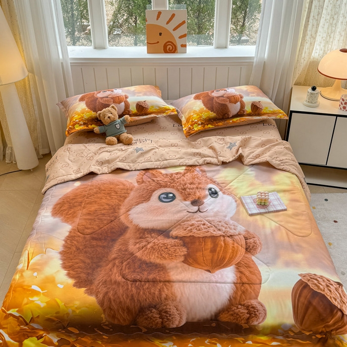 91家纺网 家纺一手货源 找家纺 宝薇 2026春夏新款7D卡通仿棉磨毛水洗棉夏被夏凉被空调被四件套 好运松鼠