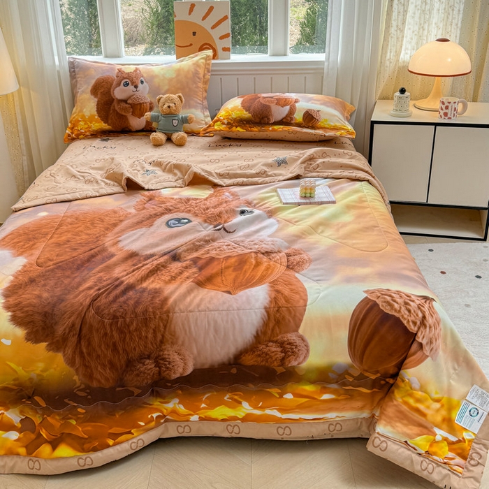 91家纺网 家纺一手货源 找家纺 宝薇 2026春夏新款7D卡通仿棉磨毛水洗棉夏被夏凉被空调被四件套 好运松鼠