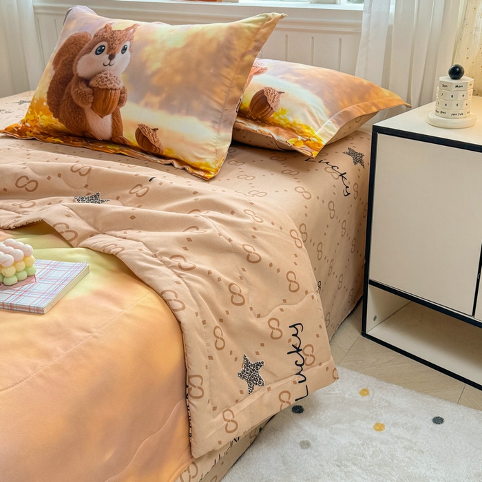 91家纺网 家纺一手货源 找家纺 宝薇 2026春夏新款7D卡通仿棉磨毛水洗棉夏被夏凉被空调被四件套 好运松鼠