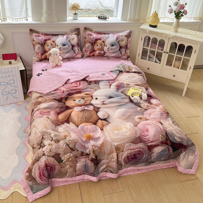 91家纺网 家纺一手货源 找家纺 宝薇 2026春夏新款7D卡通仿棉磨毛水洗棉夏被夏凉被空调被四件套 欢乐时光