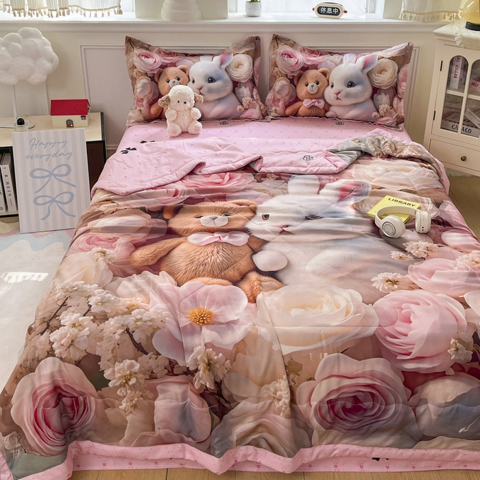 91家纺网 家纺一手货源 找家纺 宝薇 2026春夏新款7D卡通仿棉磨毛水洗棉夏被夏凉被空调被四件套 欢乐时光