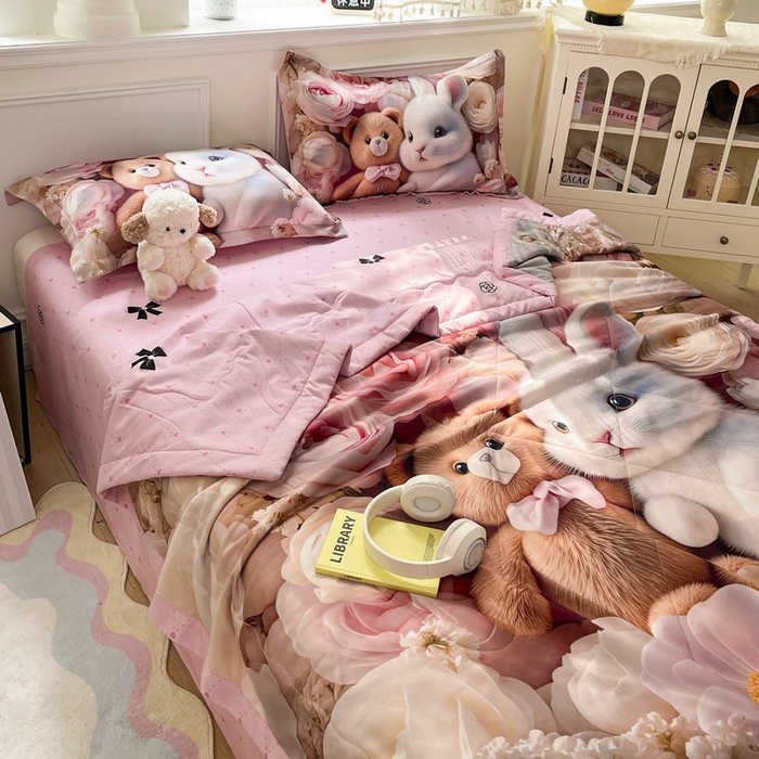 91家纺网 家纺一手货源 找家纺 宝薇 2026春夏新款7D卡通仿棉磨毛水洗棉夏被夏凉被空调被四件套 欢乐时光