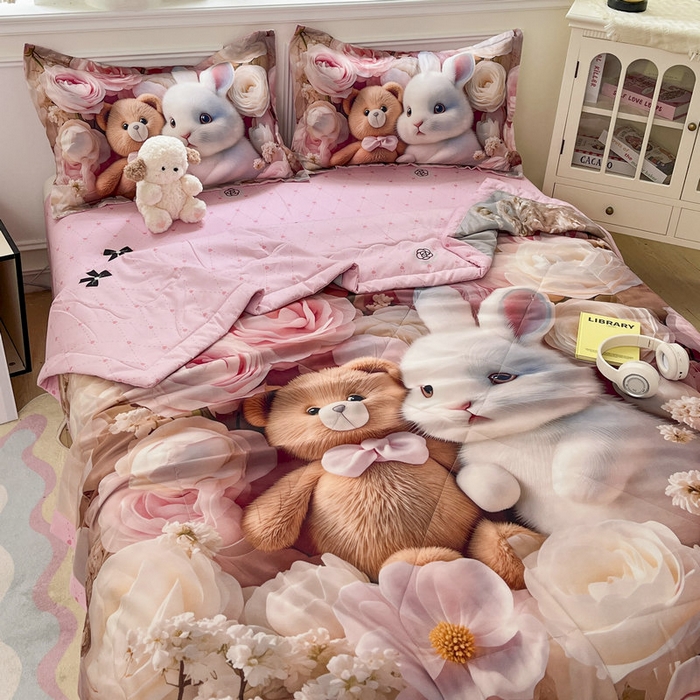 91家纺网 家纺一手货源 找家纺 宝薇 2026春夏新款7D卡通仿棉磨毛水洗棉夏被夏凉被空调被四件套 欢乐时光