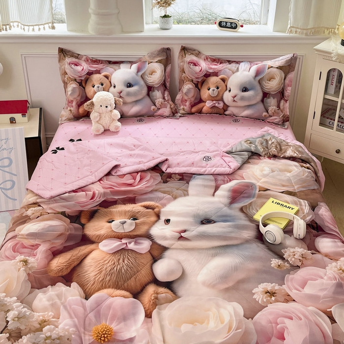 91家纺网 家纺一手货源 找家纺 宝薇 2026春夏新款7D卡通仿棉磨毛水洗棉夏被夏凉被空调被四件套 欢乐时光