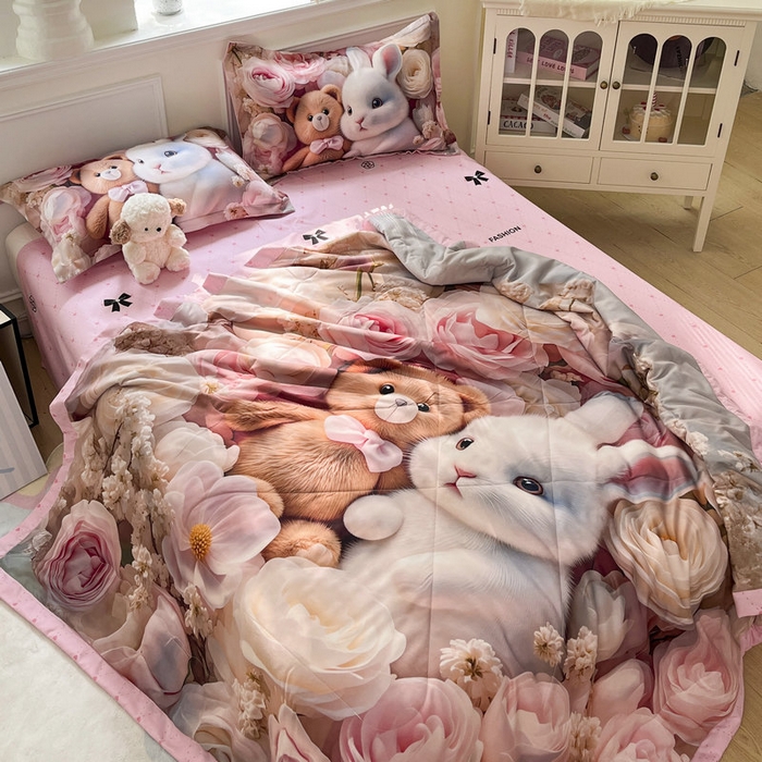 91家纺网 家纺一手货源 找家纺 宝薇 2026春夏新款7D卡通仿棉磨毛水洗棉夏被夏凉被空调被四件套 欢乐时光