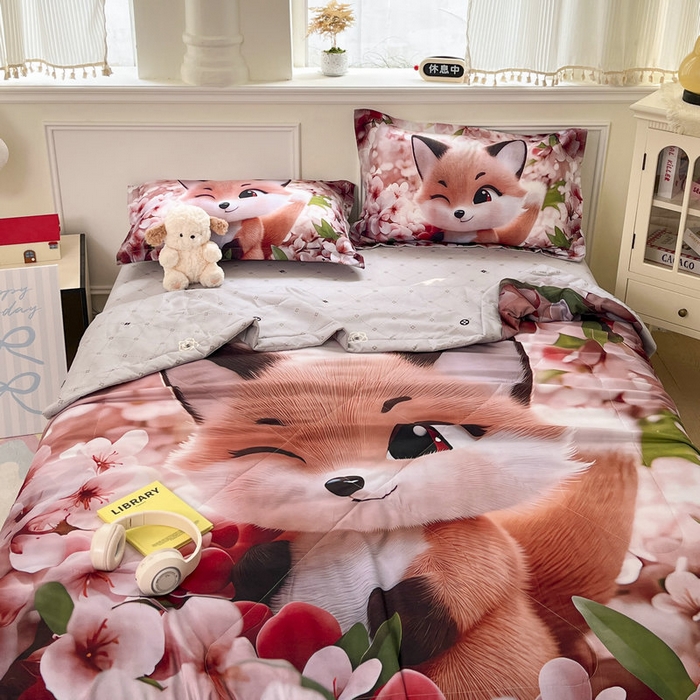 91家纺网 家纺一手货源 找家纺 宝薇 2026春夏新款7D卡通仿棉磨毛水洗棉夏被夏凉被空调被四件套 梨花开