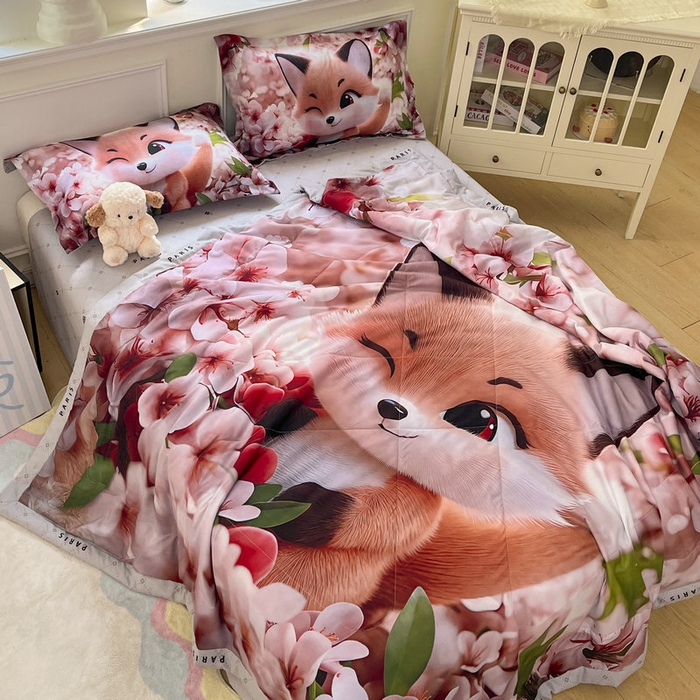 91家纺网 家纺一手货源 找家纺 宝薇 2026春夏新款7D卡通仿棉磨毛水洗棉夏被夏凉被空调被四件套 梨花开