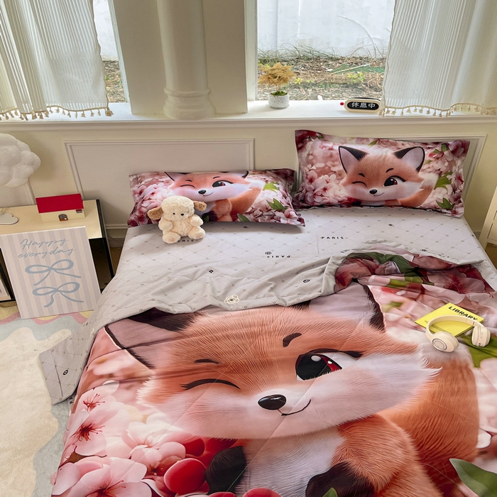 91家纺网 家纺一手货源 找家纺 宝薇 2026春夏新款7D卡通仿棉磨毛水洗棉夏被夏凉被空调被四件套 梨花开
